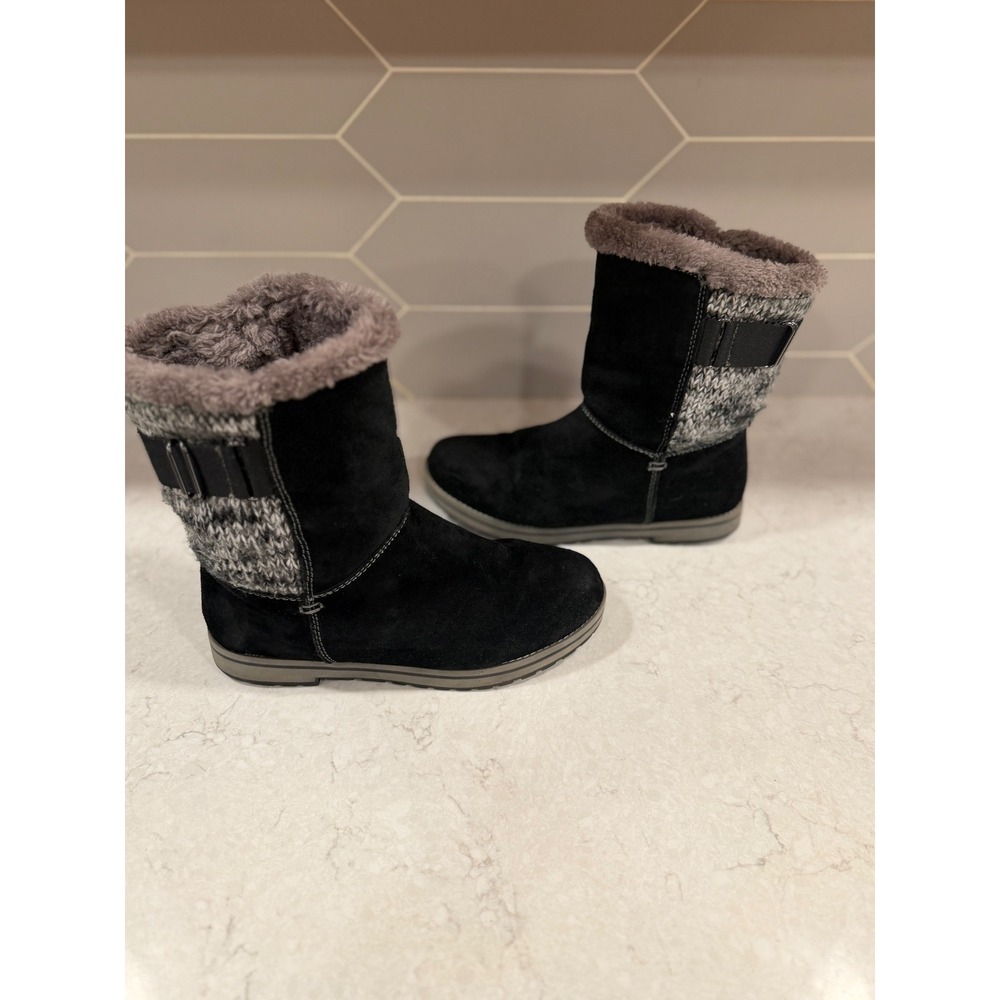 Black Leather Suede Faux Fur Lined Winter Boots Knit Chalet Campfire Mid Calf